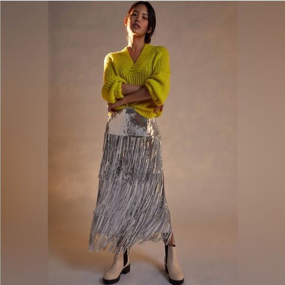 Maeve Dresses & Skirts - Anthropologie Maeve Tatiana Silver Sequin Fringe Skirt Size 2